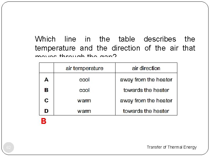 1. Which line in the table describes the temperature and the direction of the