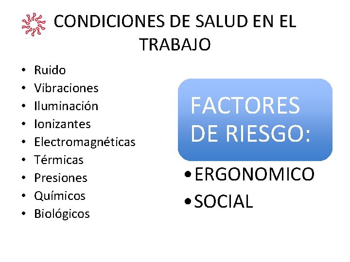 CONDICIONES DE SALUD EN EL TRABAJO • • • Ruido Vibraciones Iluminación Ionizantes Electromagnéticas CONDICIONES DE SALUD EN EL TRABAJO • • • Ruido Vibraciones Iluminación Ionizantes Electromagnéticas
