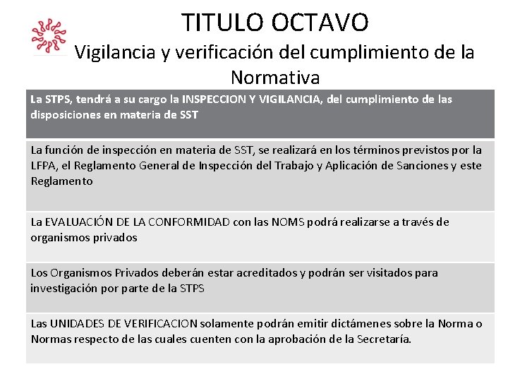 TITULO OCTAVO Vigilancia y verificación del cumplimiento de la Normativa La STPS, tendrá a TITULO OCTAVO Vigilancia y verificación del cumplimiento de la Normativa La STPS, tendrá a