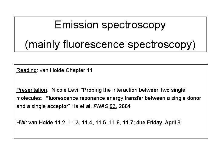 Emission spectroscopy (mainly fluorescence spectroscopy) Reading: van Holde Chapter 11 Presentation: Nicole Levi: “Probing