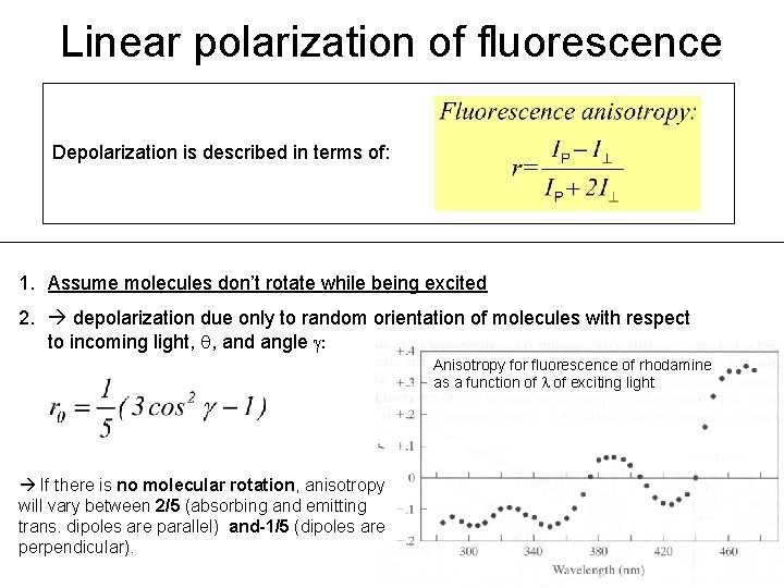 Linear polarization of fluorescence Depolarization is described in terms of: 1. Assume molecules don’t