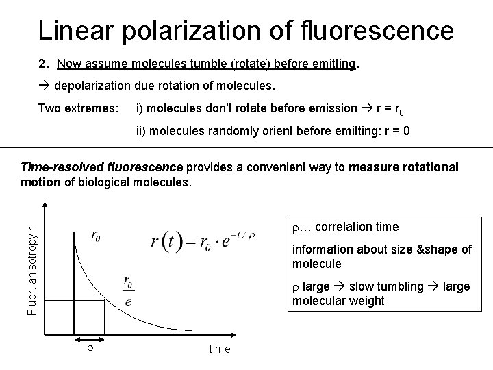 Linear polarization of fluorescence 2. Now assume molecules tumble (rotate) before emitting. depolarization due
