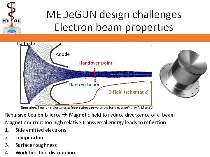 MEDe. GUN design challenges Electron beam properties Cathode Anode Handover point Electron beam B-Field