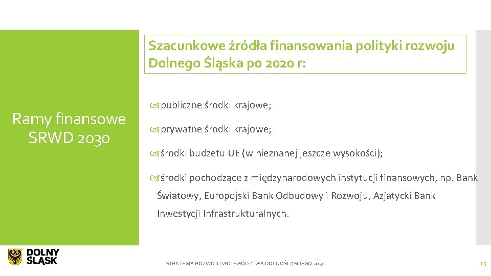 Szacunkowe źródła finansowania polityki rozwoju Dolnego Śląska po 2020 r: Ramy finansowe SRWD 2030