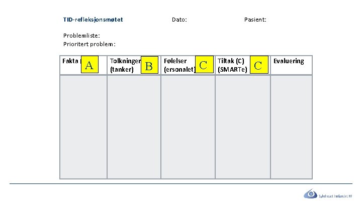 TID-refleksjonsmøtet Dato: Pasient: Problemliste: Prioritert problem: Fakta (A) A Tolkninger (B) (tanker) B Følelser