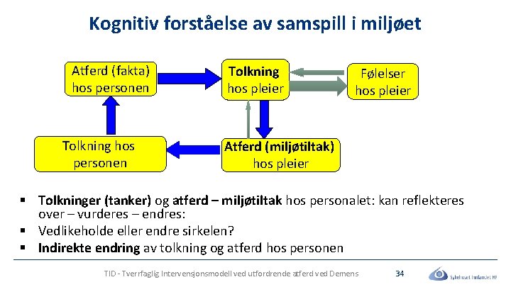 Kognitiv forståelse av samspill i miljøet Atferd (fakta) hos personen Tolkning hos pleier Følelser