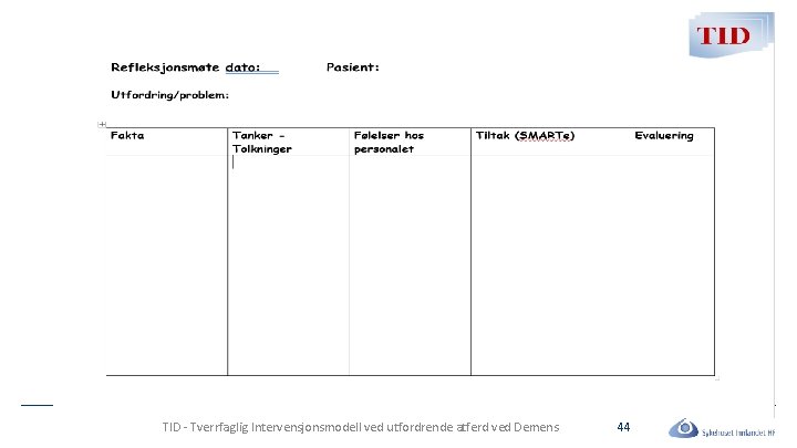 TID - Tverrfaglig Intervensjonsmodell ved utfordrende atferd ved Demens 44 