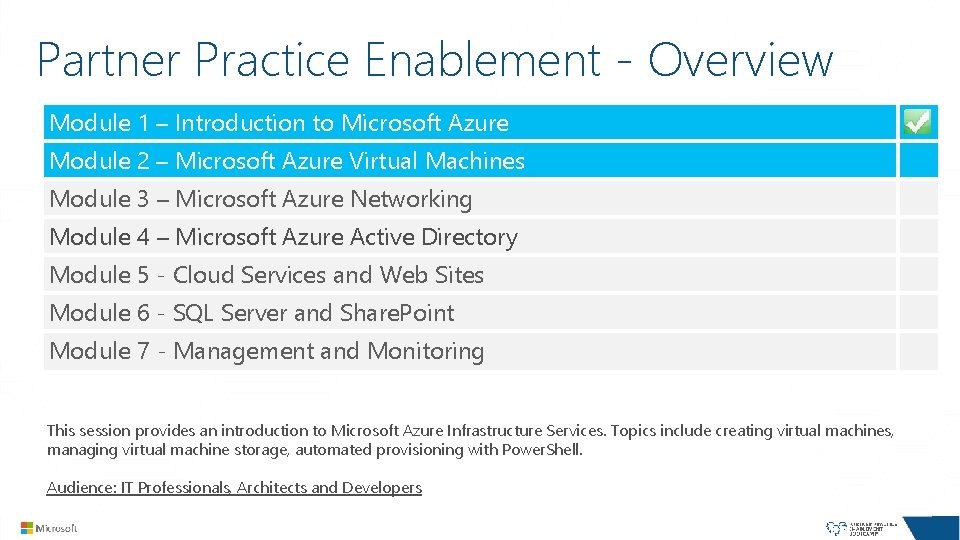 Partner Practice Enablement - Overview Module 1 – Introduction to Microsoft Azure Module 2