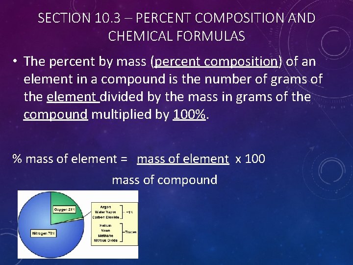 SECTION 10. 3 – PERCENT COMPOSITION AND CHEMICAL FORMULAS • The percent by mass
