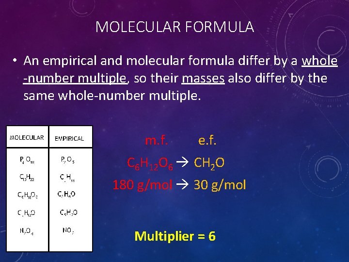 MOLECULAR FORMULA • An empirical and molecular formula differ by a whole -number multiple,