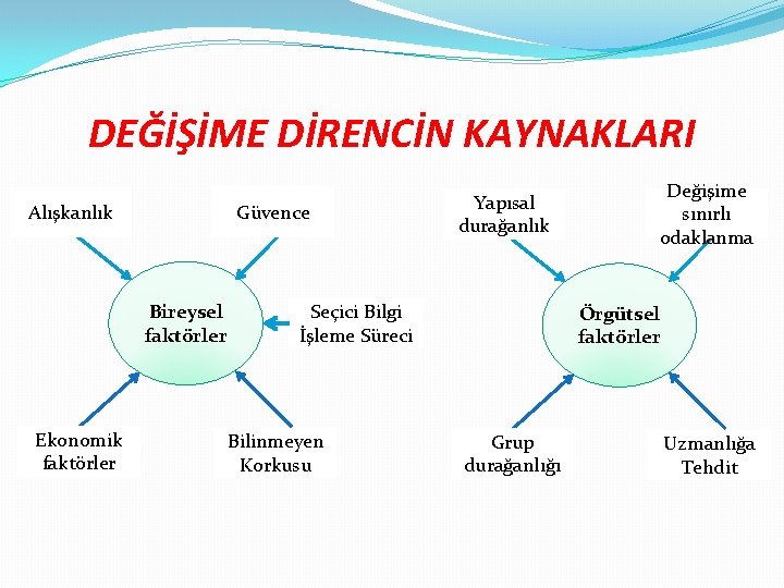 DEĞİŞİME DİRENCİN KAYNAKLARI Güvence Alışkanlık Bireysel faktörler Ekonomik faktörler Yapısal durağanlık Seçici Bilgi İşleme