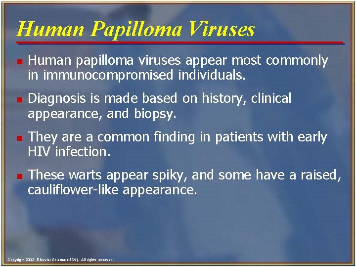 Human Papilloma Viruses n n Human papilloma viruses appear most commonly in immunocompromised individuals.