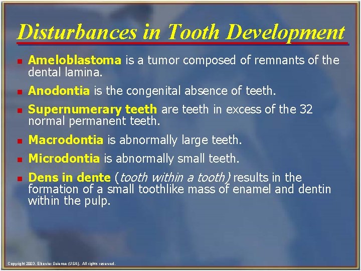 Disturbances in Tooth Development n Ameloblastoma is a tumor composed of remnants of the