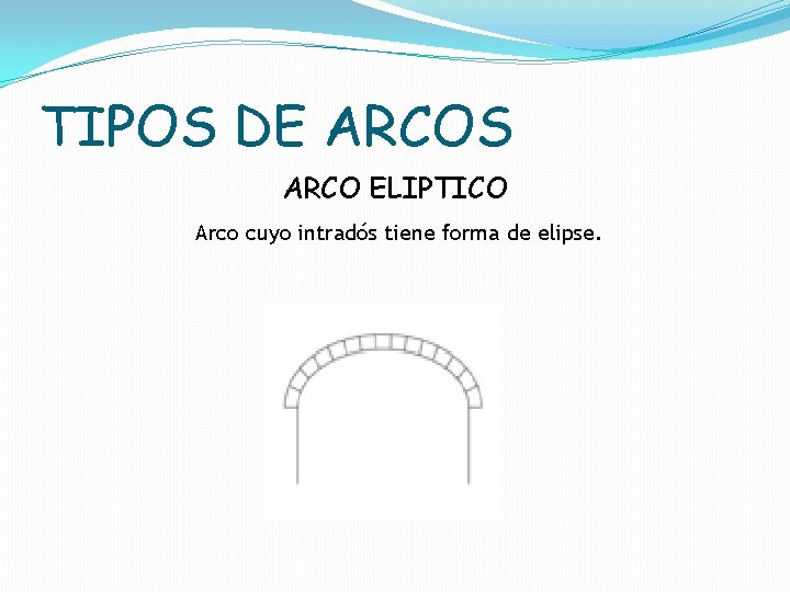 TIPOS DE ARCOS ARCO ELIPTICO Arco cuyo intradós tiene forma de elipse. 