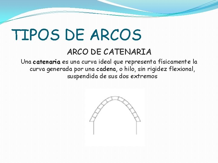 TIPOS DE ARCOS ARCO DE CATENARIA Una catenaria es una curva ideal que representa