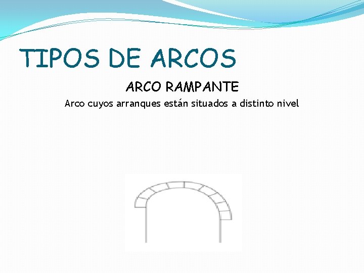 TIPOS DE ARCOS ARCO RAMPANTE Arco cuyos arranques están situados a distinto nivel 