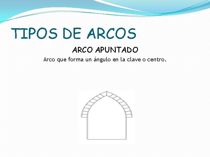 TIPOS DE ARCOS ARCO APUNTADO Arco que forma un ángulo en la clave o