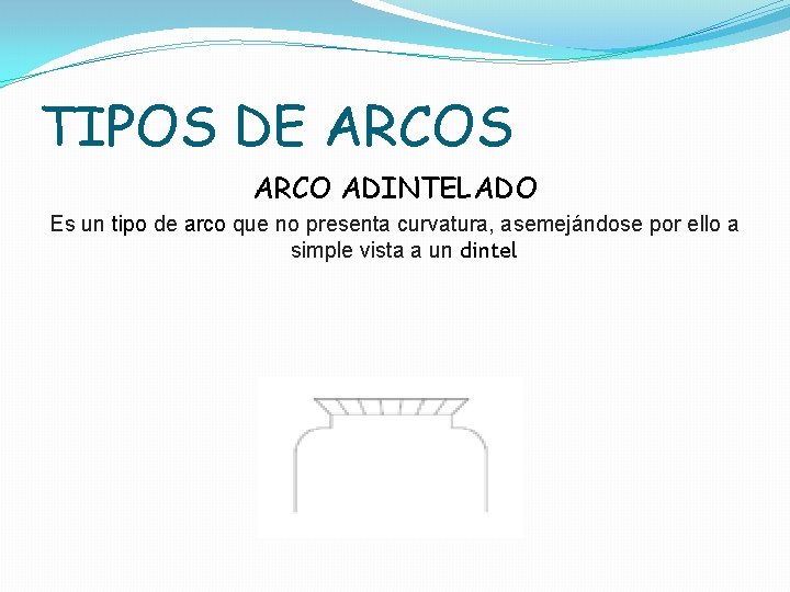 TIPOS DE ARCOS ARCO ADINTELADO Es un tipo de arco que no presenta curvatura,