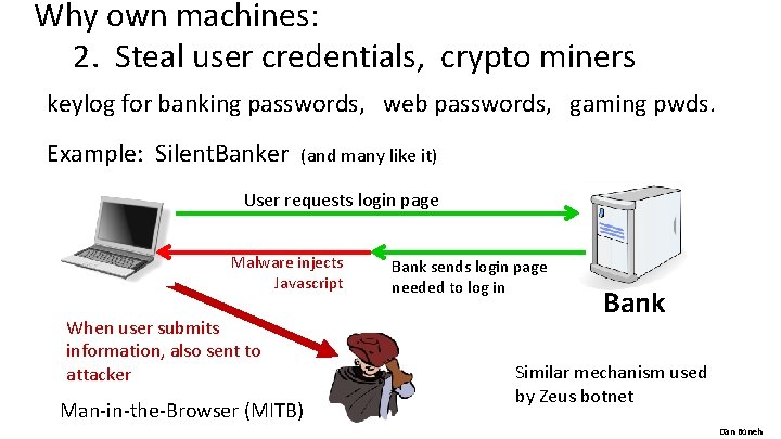 Why own machines: 2. Steal user credentials, crypto miners keylog for banking passwords, web