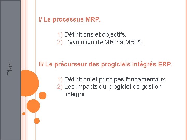 I/ Le processus MRP. Plan. 1) Définitions et objectifs. 2) L’évolution de MRP à