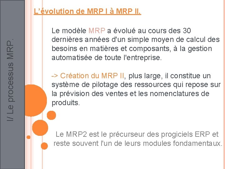 I/ Le processus MRP. L’évolution de MRP I à MRP II. Le modèle MRP