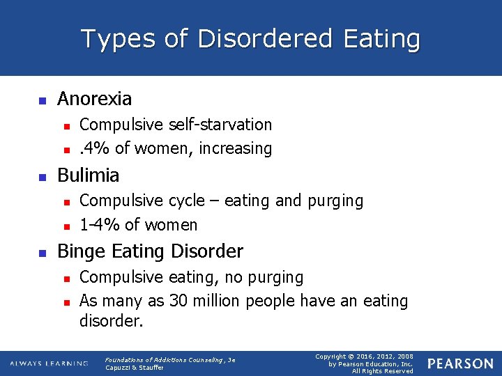 Types of Disordered Eating n Anorexia n n n Bulimia n n n Compulsive