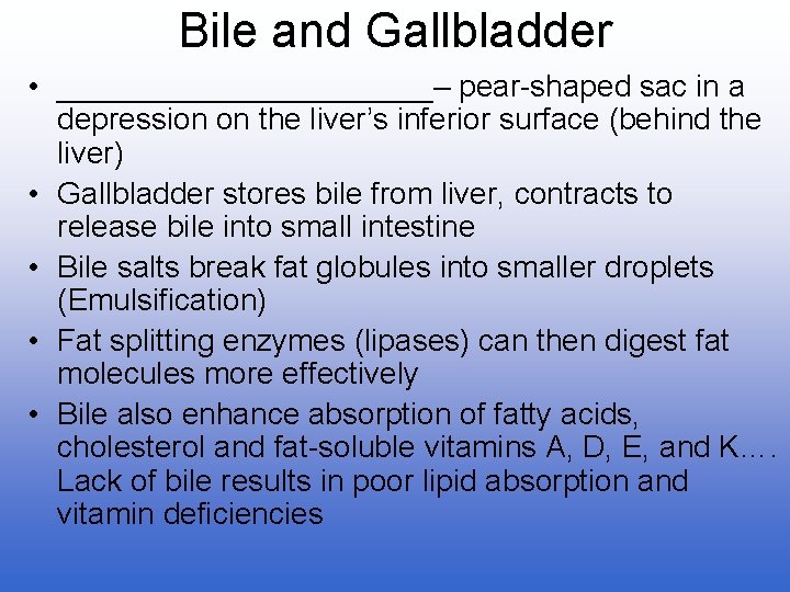Bile and Gallbladder • ___________– pear-shaped sac in a depression on the liver’s inferior