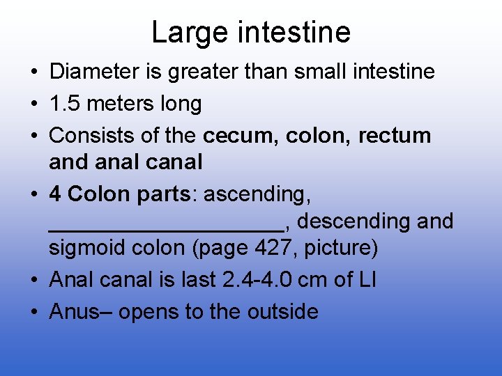 Large intestine • Diameter is greater than small intestine • 1. 5 meters long