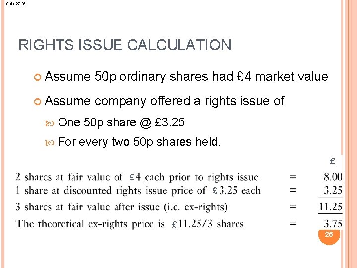 Slide 27. 25 RIGHTS ISSUE CALCULATION Assume 50 p ordinary shares had £ 4