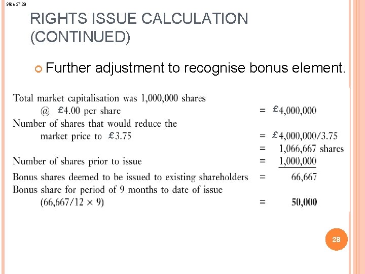 Slide 27. 28 RIGHTS ISSUE CALCULATION (CONTINUED) Further adjustment to recognise bonus element. £