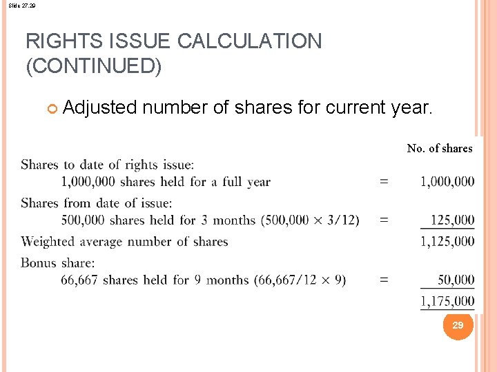 Slide 27. 29 RIGHTS ISSUE CALCULATION (CONTINUED) Adjusted number of shares for current year.