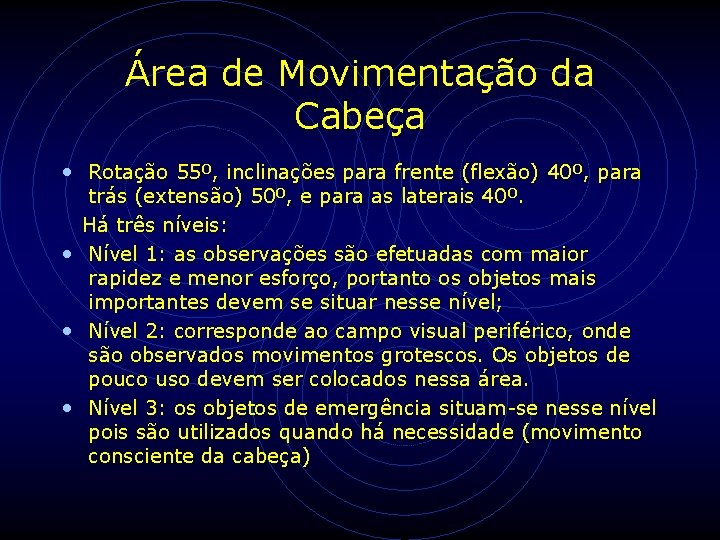Área de Movimentação da Cabeça • Rotação 55º, inclinações para frente (flexão) 40º, para Área de Movimentação da Cabeça • Rotação 55º, inclinações para frente (flexão) 40º, para