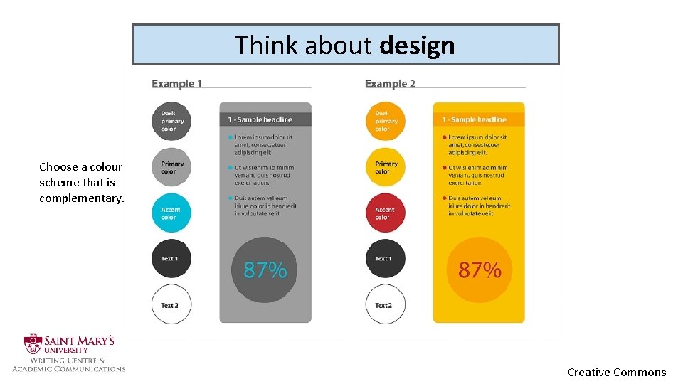 Think about design Choose a colour scheme that is complementary. Creative Commons 