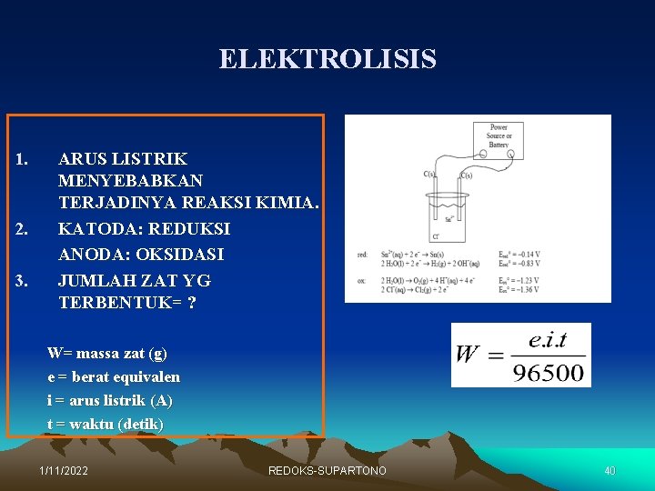 ELEKTROLISIS 1. 2. 3. ARUS LISTRIK MENYEBABKAN TERJADINYA REAKSI KIMIA. KATODA: REDUKSI ANODA: OKSIDASI