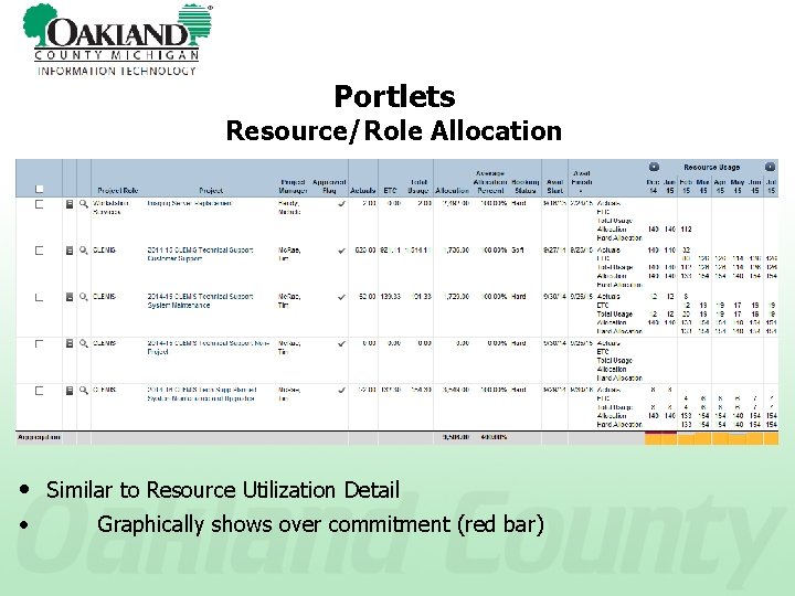 Portlets Resource/Role Allocation • Similar to Resource Utilization Detail • Graphically shows over commitment