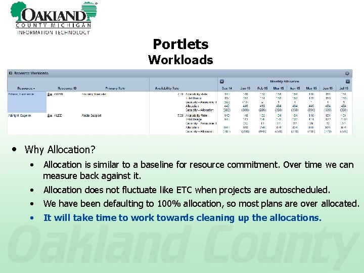 Portlets Workloads • Why Allocation? • Allocation is similar to a baseline for resource