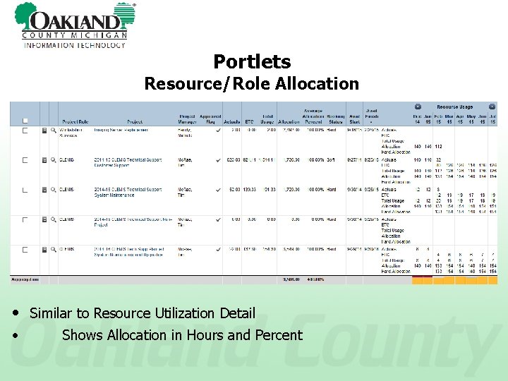 Portlets Resource/Role Allocation • Similar to Resource Utilization Detail • Shows Allocation in Hours