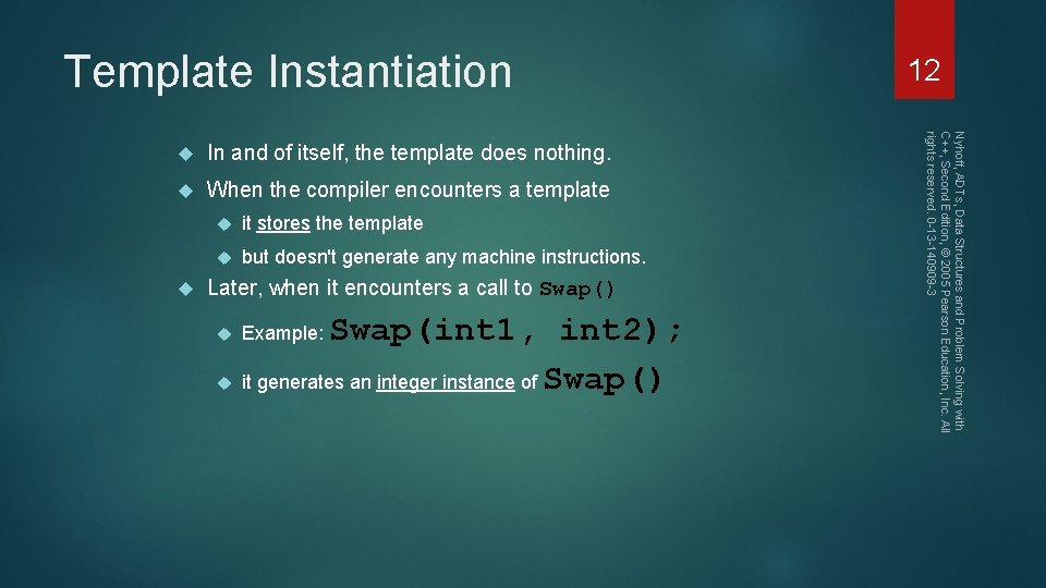 Template Instantiation In and of itself, the template does nothing. When the compiler encounters