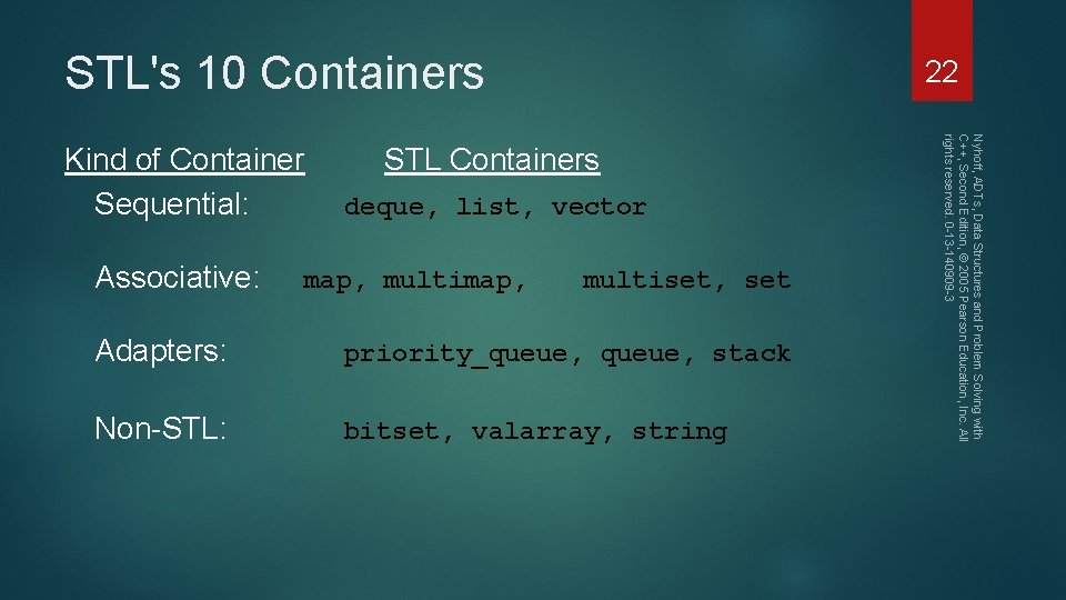 STL's 10 Containers Associative: STL Containers deque, list, vector map, multimap, multiset, set Adapters: