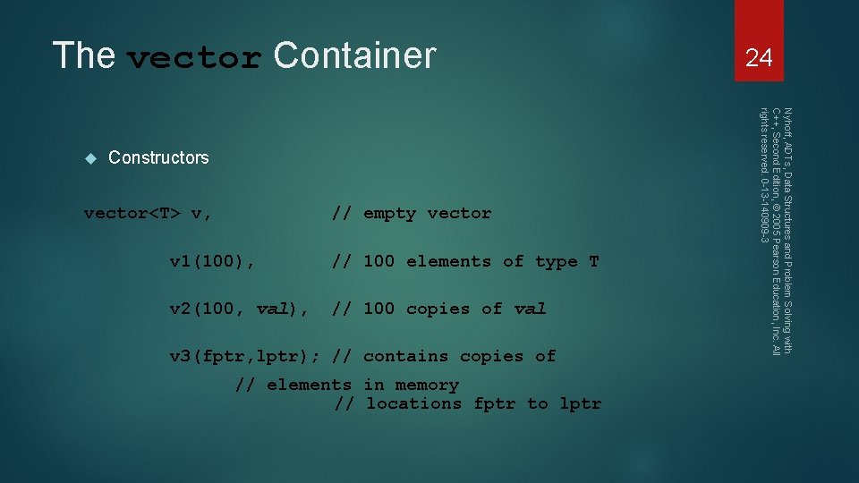 The vector Container Constructors vector<T> v, // empty vector v 1(100), // 100 elements