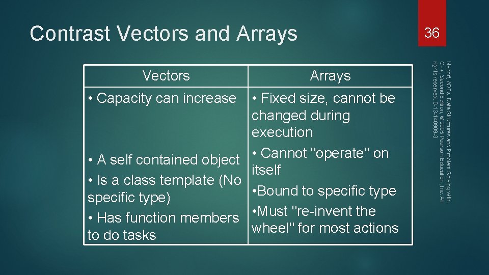 Contrast Vectors and Arrays • Capacity can increase Arrays • Fixed size, cannot be