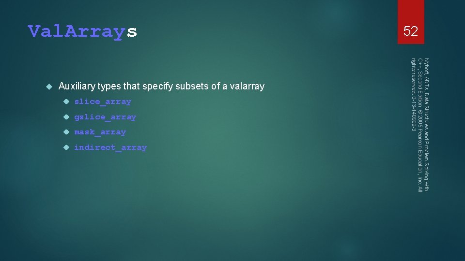  slice_array gslice_array mask_array indirect_array Nyhoff, ADTs, Data Structures and Problem Solving with C++,