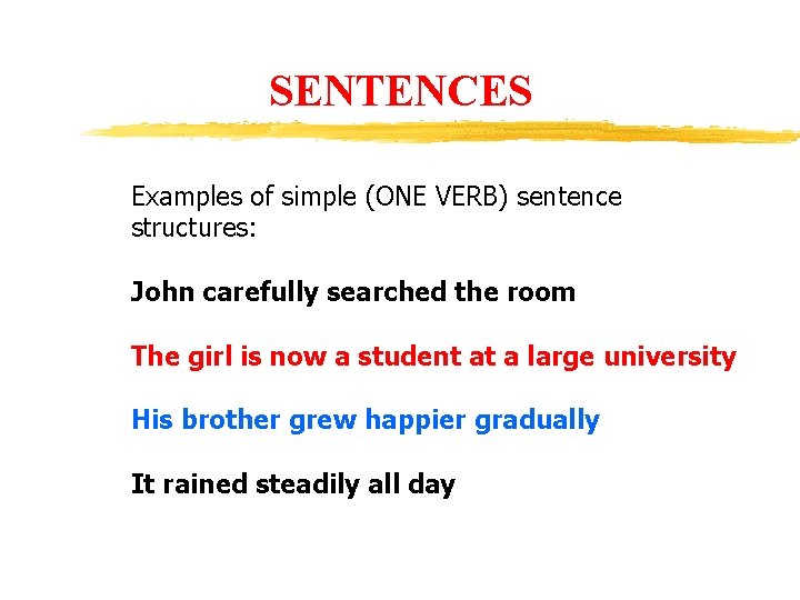 SENTENCES Examples of simple (ONE VERB) sentence structures: John carefully searched the room The