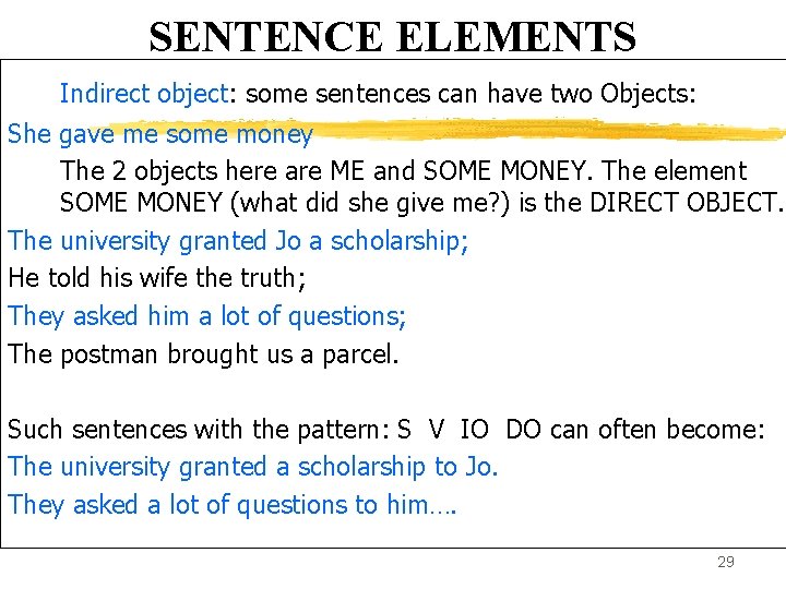 SENTENCE ELEMENTS Indirect object: some sentences can have two Objects: She gave me some