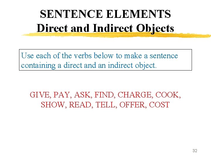 SENTENCE ELEMENTS Direct and Indirect Objects Use each of the verbs below to make