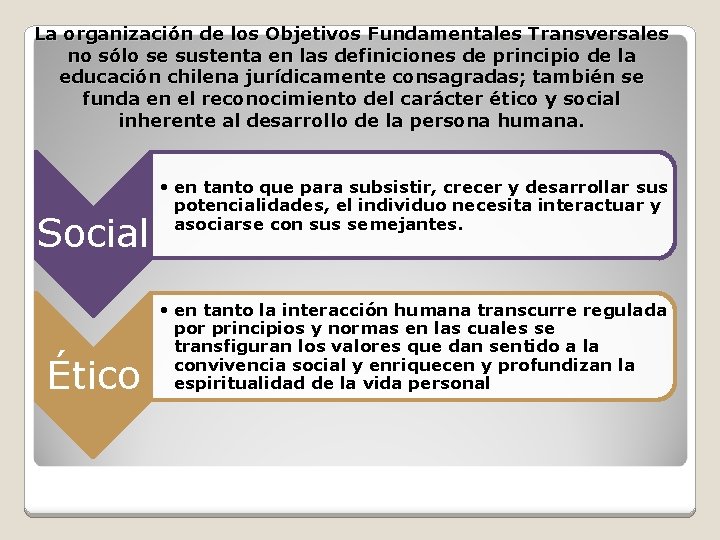 La organización de los Objetivos Fundamentales Transversales no sólo se sustenta en las definiciones