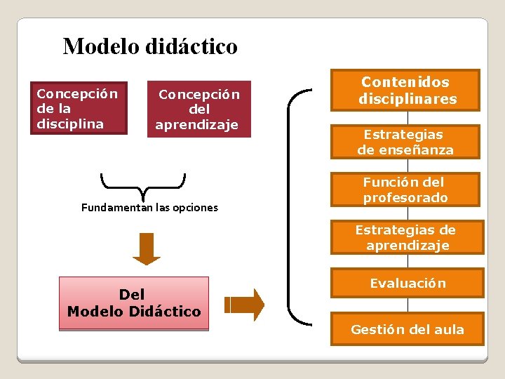 Modelo didáctico Concepción de la disciplina Concepción del aprendizaje Fundamentan las opciones Contenidos disciplinares