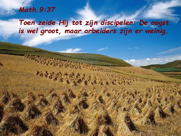 Math. 9: 37 Toen zeide Hij tot zijn discipelen: De oogst is wel groot,