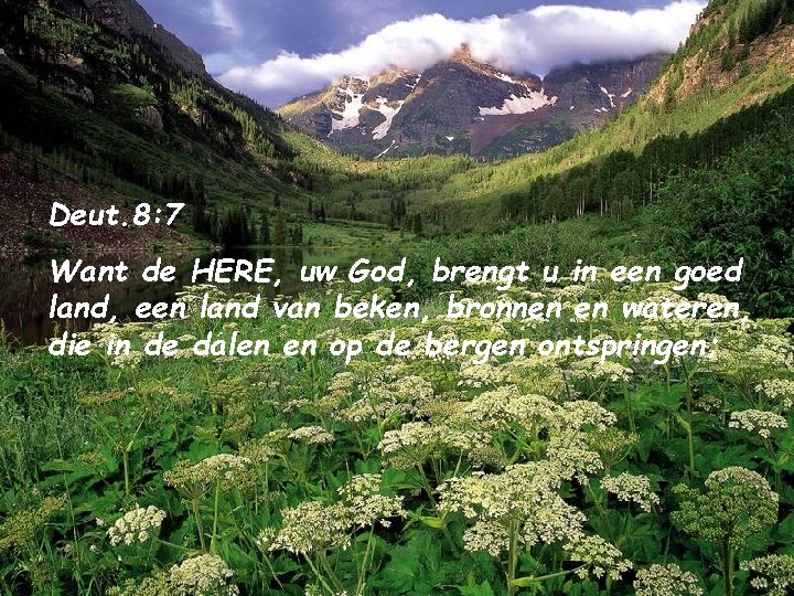 Deut. 8: 7 Want de HERE, uw God, brengt u in een goed land,