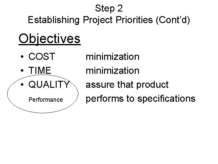 Step 2 Establishing Project Priorities (Cont’d) Objectives • COST • TIME • QUALITY Performance Step 2 Establishing Project Priorities (Cont’d) Objectives • COST • TIME • QUALITY Performance